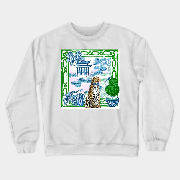 Leopard in chinoiserie landscape Crewneck Sweatshirt by SophieClimaArt